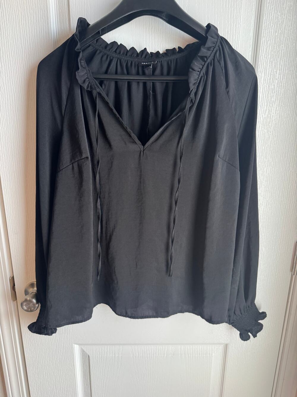 Blouse Size 00 (10) Torrid Black Ruffle Neck Tie Front Long Sleeve Semi Sheeer